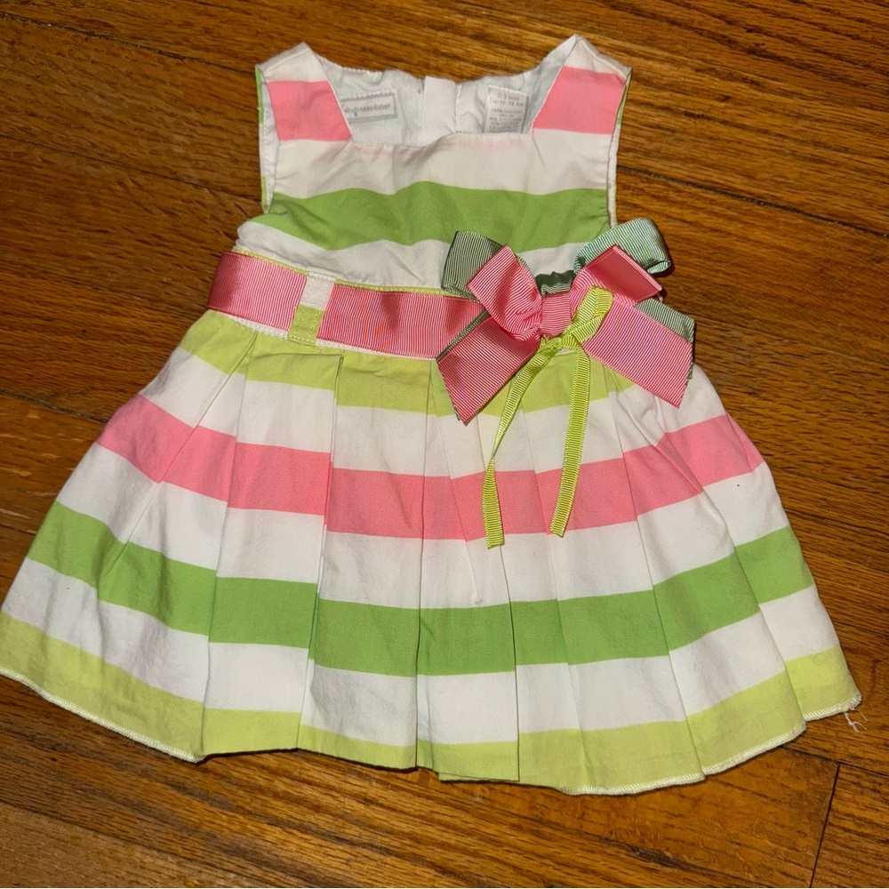First Impressions fancy Striped Baby Dress with Grosgrain Ribbon Sash & Bow